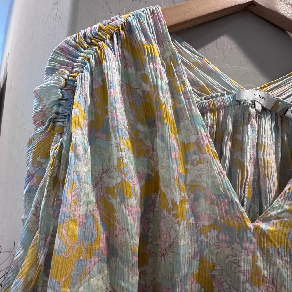 Vince Lotus Ruched Flutter Sleeve Silk Blouse, Size Medium - Picture 5 of 16